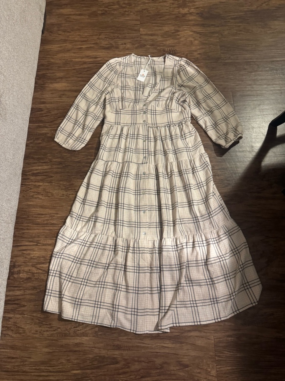 Marine Layer Cream Plaid Tiered Midi Dress